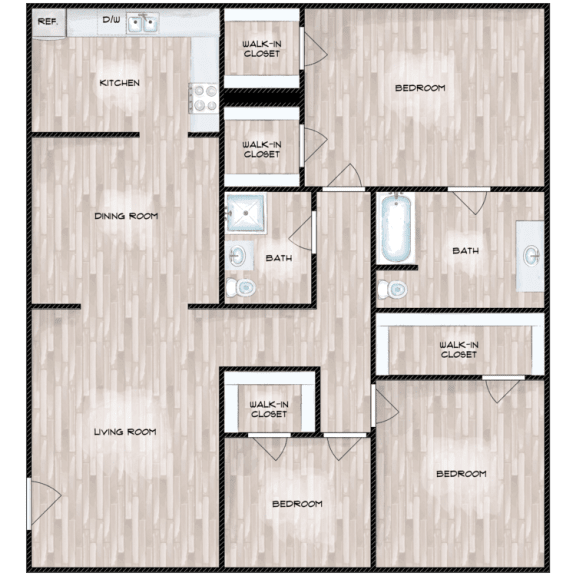 Floor Plan  3 Bedroom 2 Bathroom Floor Plan at Boston Woods Apartments, San Antonio TX, 78201