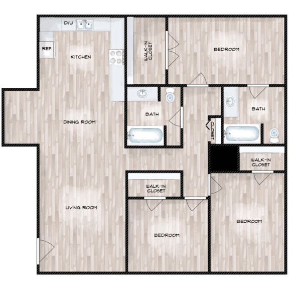 Floor Plan  3 Bed 2 Bath Floor Plan at Boston Woods Apartments, San Antonio TX, Texas