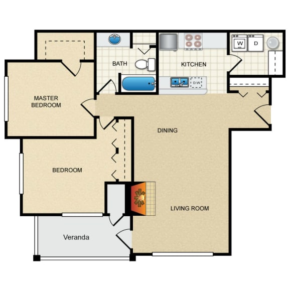 2 Bed 1 Bath 2 Bedroom B Floor Plan at Thorncroft Farms Apartments, Hillsboro, Oregon, 97124