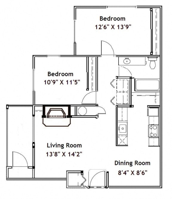 2 Bed 1 Bath Floorplan