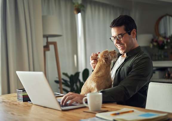 A man in a suit is working on his laptop while holding a dog at The Farriers Apartments, Milton Keynes, MK8 1LS