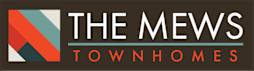 The Mews Townhomes logo with a brown background.