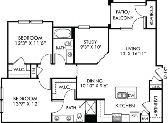 Durango. 2 bedroom apartment + study room. Kitchen with island open to living/dinning rooms. 2 full bathrooms, double vanity in master. Walk-in closet. Patio/balcony.