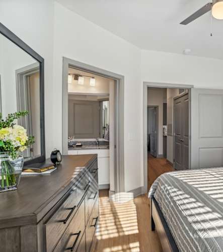 Bedroom layout with bathroom in the room at our apartments in Indian Land.