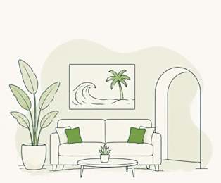 A poster advertising multiple floor plans available, with a sofa and plant in the background.