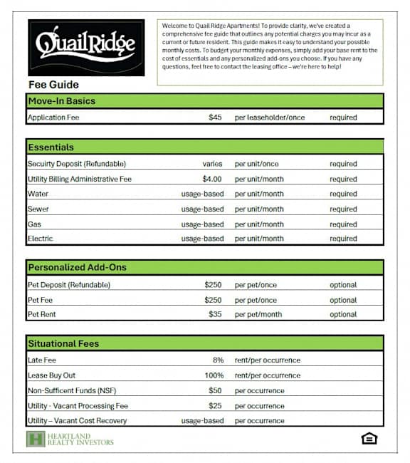A fee guide for Quail Ridge Apartments with various fees listed.