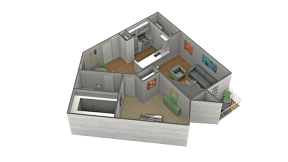 A 3D rendered image of a house layout.