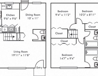 The Magnolia. 3 bedroom townhome. Kitchen. living room. dinning room. 2 full bathroom + powder room. large closets.