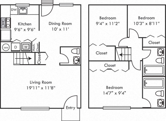 The Magnolia. 3 bedroom townhome. Kitchen. living room. dinning room. 2 full bathroom + powder room. large closets.
