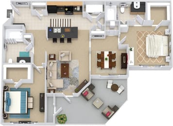 Kenyon 3D 2 bedroom apartment. Kitchen with Island open to living room. Separate dinning room. 2 full bathroom. Walk-in closets in both bedrooms. Patio/balcony with storage.