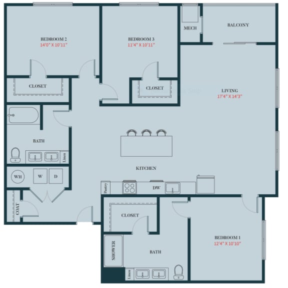 Floor Plan  C1 - 3 Bedrooms 2 Baths Apartment Floor Plan Design - 1517 sq. ft. - Apartments in Des Plaines
