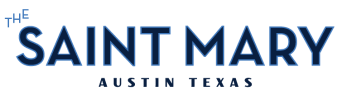 a blue logo with the words santi mary austin texas on a black background