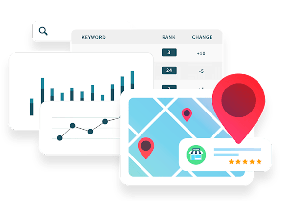 A graphic illustration of digital analytics tools including a bar graph, a table with keyword rankings, and a map with location markers.