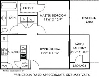 Hawkins with Fenced-in Yard 1 bedroom apartment. Kitchen with bartop open to living room. 1 full bathroom. Walk-in closet. Patio/balcony with storage, & yard.