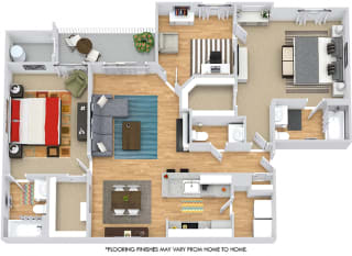Bexley 3D. 2 bedroom townhome with den. Kitchen with bartop open to living/dinning rooms. Fireplace. 2 full bathrooms + powder room. Patio/balcony.