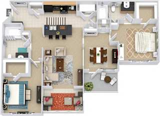 Kenyon + Sunroom 3D 2 bedroom apartment. Kitchen with Island open to living room/sunroom. Separate dinning room. 2 full bathroom. Walk-in closets in both bedrooms. Patio/balcony with storage.