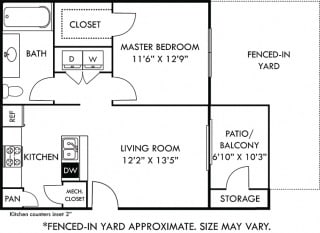 Hawkins with Fenced-in Yard 1 bedroom apartment. Kitchen with bartop open to living room. 1 full bathroom. Walk-in closet. Patio/balcony with storage, &amp; yard.