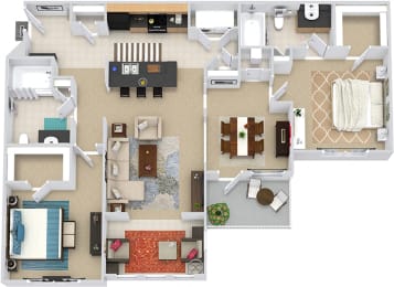 Kenyon + Sunroom 3D 2 bedroom apartment. Kitchen with Island open to living room/sunroom. Separate dinning room. 2 full bathroom. Walk-in closets in both bedrooms. Patio/balcony with storage.