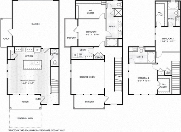 Harris + garage & yard. 3 bedroom townhome. Kitchen with island open to living/dinning room. 3 full bathrooms + powder room. Walk-in closets. patio/balcony open to yard.