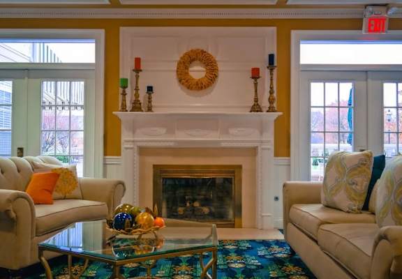 a living room with couches and a fireplace at Bishops Gate, Cincinnati, OH, 45249