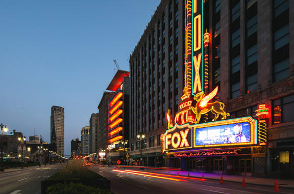 night lights at The Ferguson Downtown Detroit Apartments, Michigan, 48226
