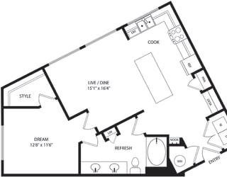 1 bedroom, 1 bath floorplan. entry nook. built-in desk with pantry in L-shaped kitchen. kitchen island. Window over sink. Double sink vanity with linen. washer/dryer.