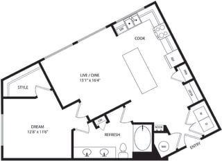 1 bedroom, 1 bath floorplan. entry nook. built-in desk with pantry in L-shaped kitchen. kitchen island. Window over sink. Double sink vanity with linen. washer/dryer.