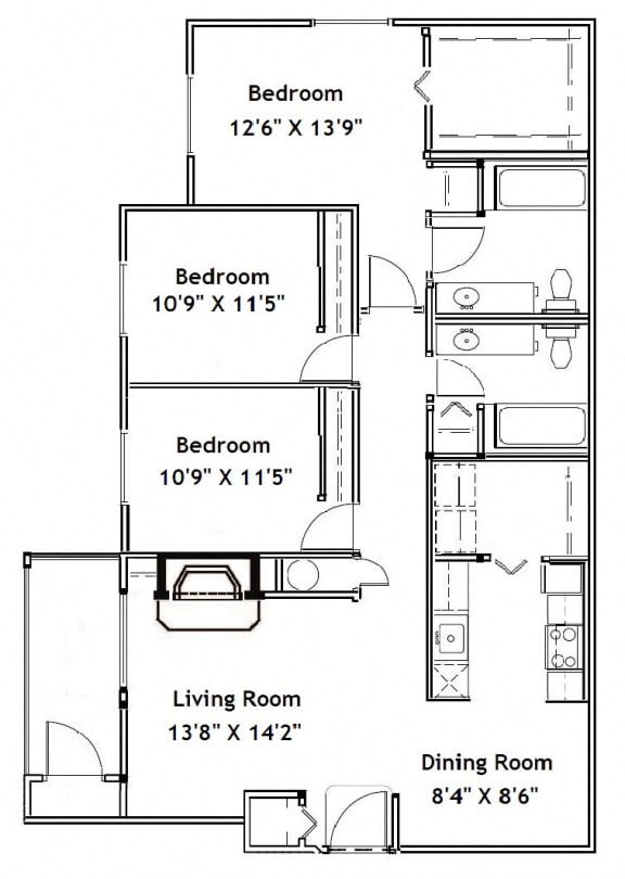 3 Bedroom 2 Bath Floorplan