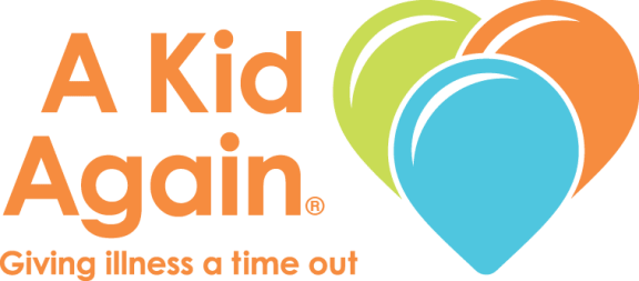 a kid again logo with a heart and the words giving illness a time out
