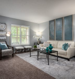 Spacious and modern living area with plush carpeting Carson Farms Apartments Delaware Ohio