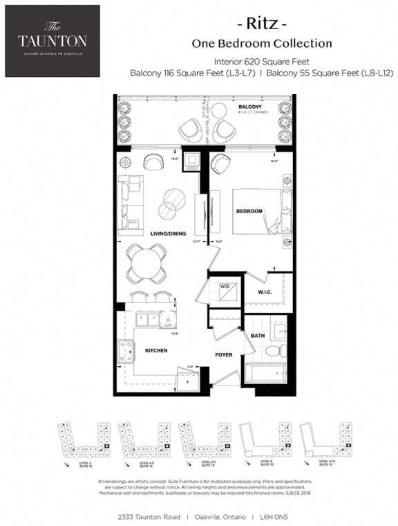 One bedroom, one bathroom apartment layout at The Taunton in Oakville, ON