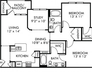 Brazos. 2 bedroom apartment + study room. Kitchen with bartop open to living/dinning rooms. 2 full bathrooms, double vanity in master. Walk-in closets. Patio/balcony.