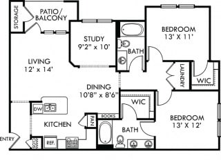 Brazos. 2 bedroom apartment &#x2B; study room. Kitchen with bartop open to living/dinning rooms. 2 full bathrooms, double vanity in master. Walk-in closets. Patio/balcony.