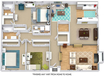 Wakefield 3D. 3 bedroom apartment. Kitchen with bartop open to living/dinning rooms. Fireplace. 2 full bathrooms. Extra storage. Patio/balcony.