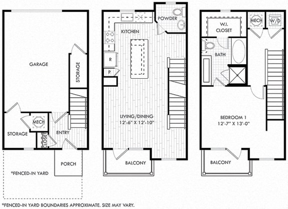 The Meredith + Fenced-in Yard. 1 bedroom townhome. Kitchen with bartop open to living/dinning rooms. 1 full bathroom + powder room. Walk-in closet. Patio/balcony open to yard. Garage on first floor.