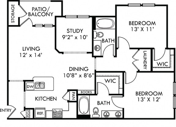 Brazos. 2 bedroom apartment + study room. Kitchen with bartop open to living/dinning rooms. 2 full bathrooms, double vanity in master. Walk-in closets. Patio/balcony.