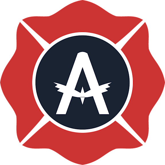 A white letter A in a black circle on a red background.