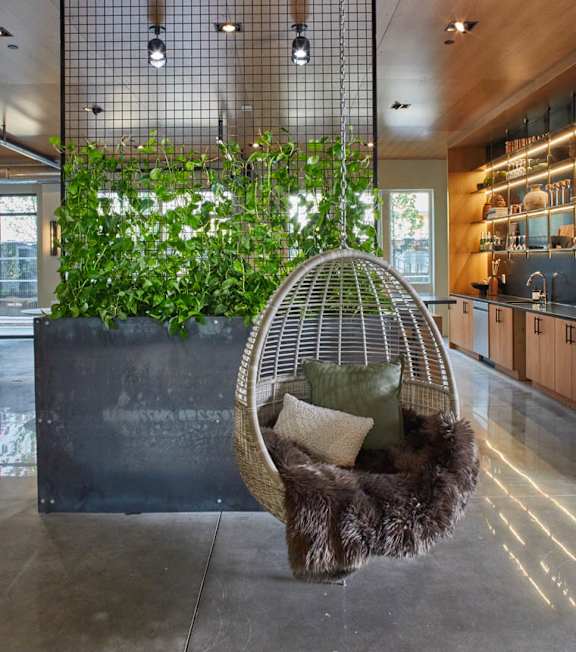A hanging chair with a fur throw is in front of a green plant wall.