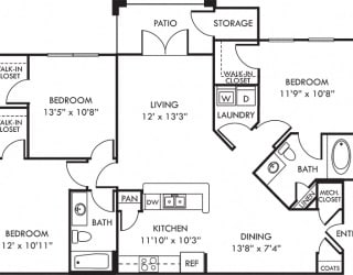 The McCrimmon. 3 bedroom apartment. Kitchen with bartop open to living/dinning rooms. 2 full bathroom. Walk-in closets. Patio/balcony.