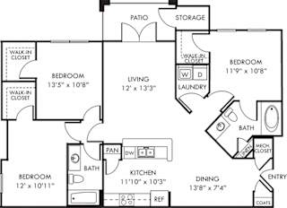 The McCrimmon. 3 bedroom apartment. Kitchen with bartop open to living/dinning rooms. 2 full bathroom. Walk-in closets. Patio/balcony.