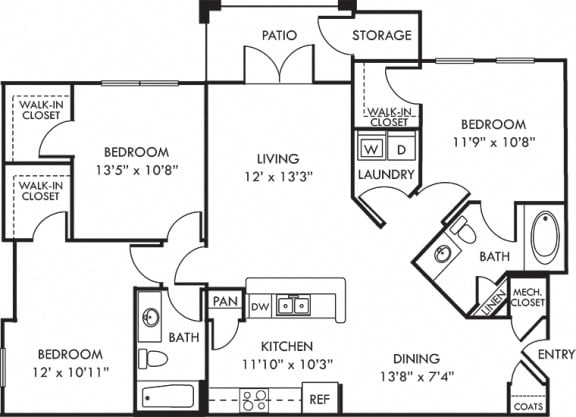 The McCrimmon. 3 bedroom apartment. Kitchen with bartop open to living/dinning rooms. 2 full bathroom. Walk-in closets. Patio/balcony.