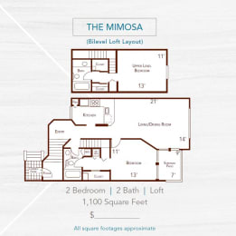 The Mimosa  2 bed 2 bath 1100 sq ft ( no door on 2nd bedroom )
