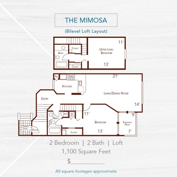 The Mimosa  2 bed 2 bath 1100 sq ft ( no door on 2nd bedroom )