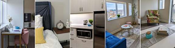 A series of images showing different rooms including a bedroom, kitchen, and living room.