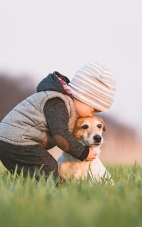 a child playing with a dog in the grass