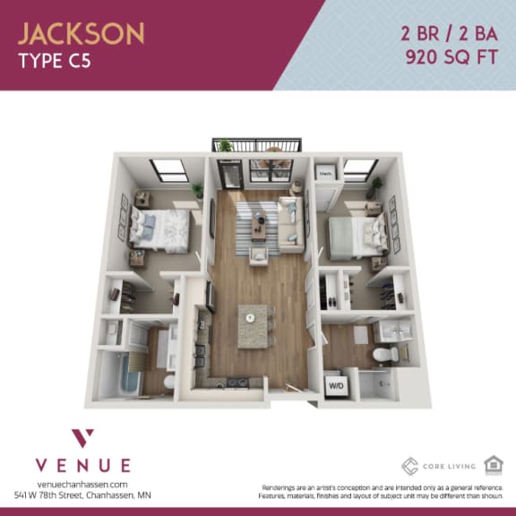 3D 2 Bed Floorplan for Venue Apartments in Chanhassen, MN