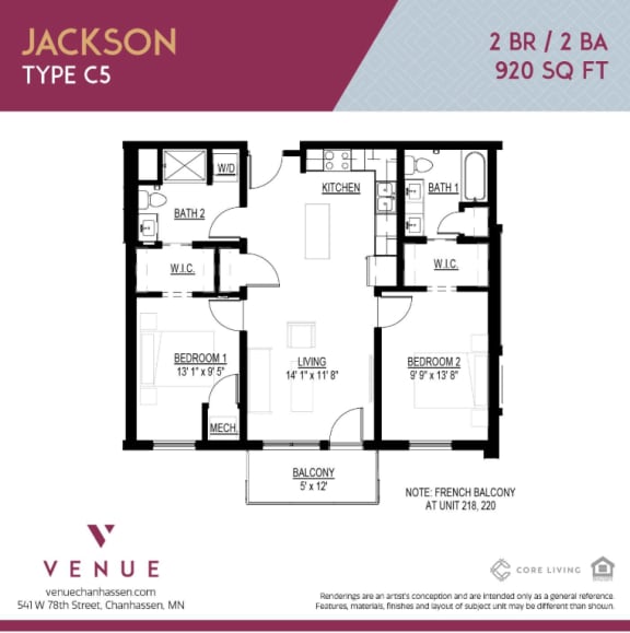 2D 2-Bed Floorplan for Venue Apartments in Chanhassen, MN