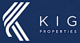 A logo with the text "KIG PROPERTIES" in front of a dark blue background.