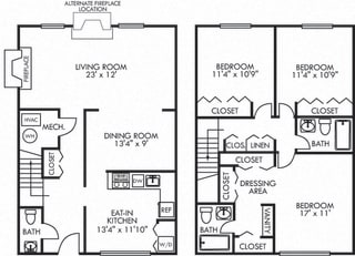Wellington. 3 bedroom townhome. Kitchen with bartop open to living/dinning rooms. Fireplace. 2 full bathrooms + powder room. Patio/balcony.