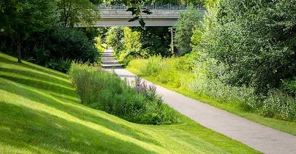 a bridge over a path in a park